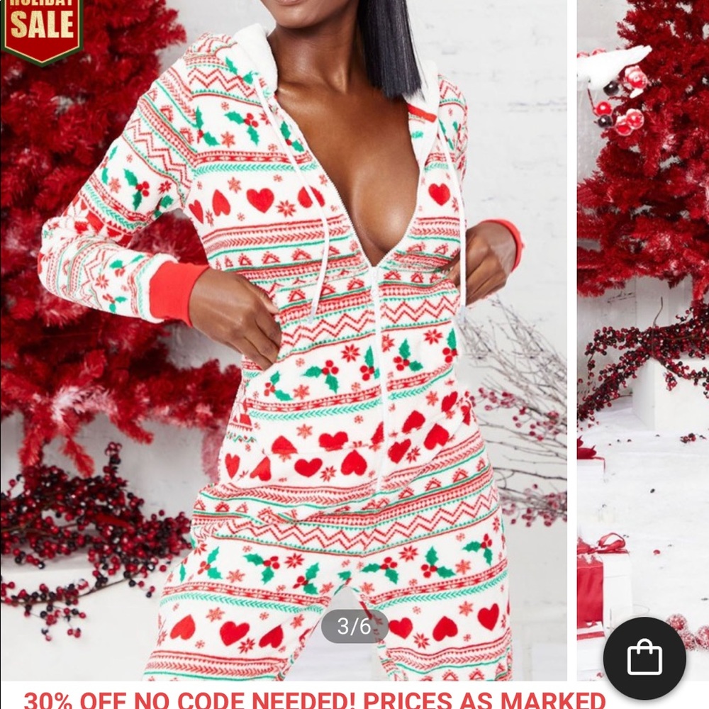 BRAND NEW! Christmas Drawstring Graphic Print Zipper Hooded Lounge Jumpsuit
